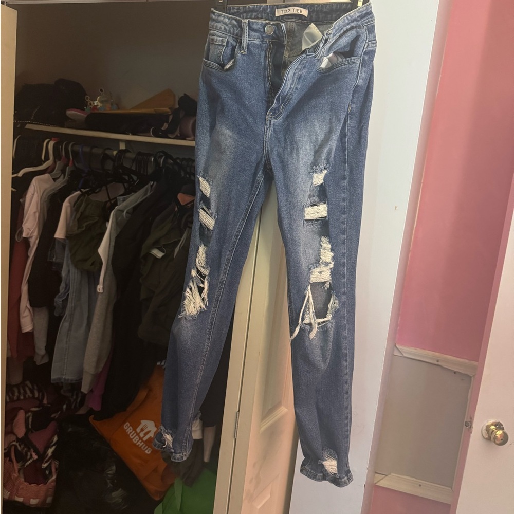 Blue Boyfriend Jeans with Distressed Details